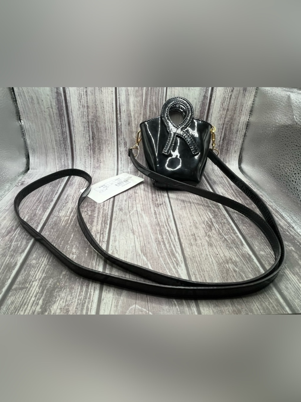 $248 NWT Roberta di Camerino Black Patent Glossy Mini Bucket Bag Micro Crossbody - Picture 14 of 16